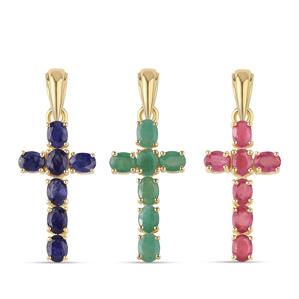 Cruce Set din Argint 925 Placat cu Aur ( 4.28 grame ) cu Rubin Thailandez și Smarald Brazilian 4.55 Carate ( Pandantiv ) 1 