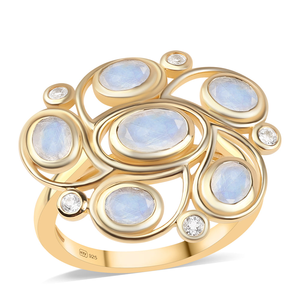 Inel din Argint 925 Placat cu Aur ( 5.59 grame ) cu Piatra Lunii Curcubeu Clasa ”AA” și Topaz Alb 4.5 Carate 1 