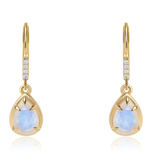 Cercei din Argint 925 Placat cu Aur ( 2.08 grame ) cu Piatra Lunii Curcubeu Clasa ”AA” și Topaz Alb 2.8 Carate