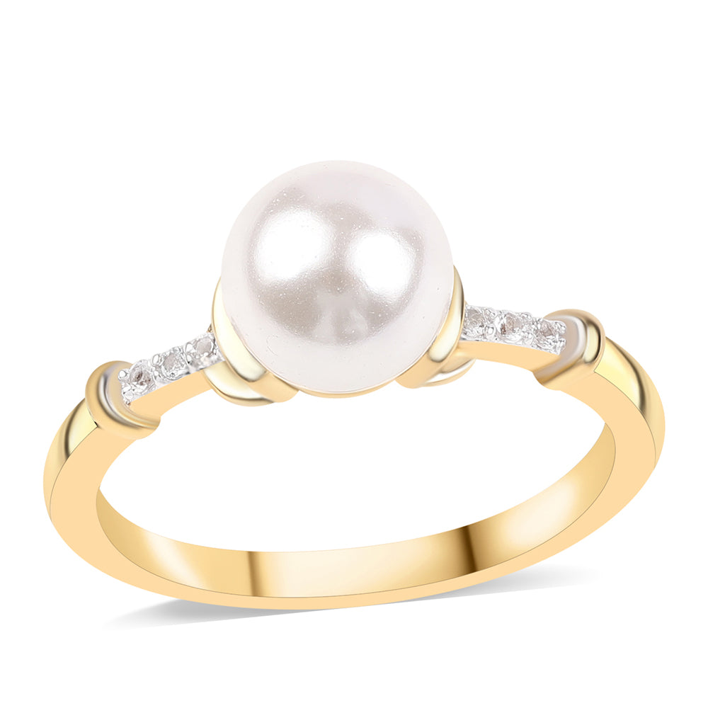 Inel din Argint 925 Placat cu Aur ( 2.51 grame ) cu Perlă de Apă Dulce Albă și Topaz Alb 4.34 Carate 1 