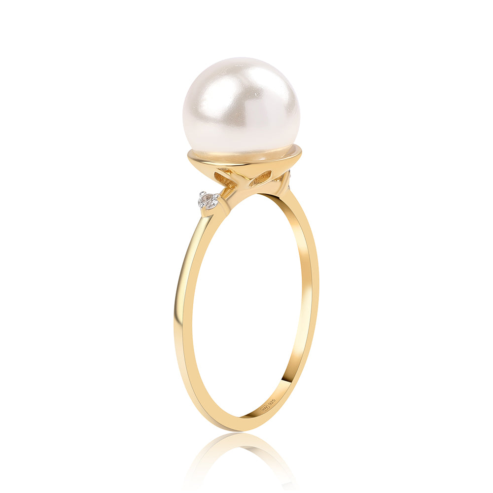 Inel din Argint 925 Placat cu Aur ( 1.76 grame ) cu Perlă de Apă Dulce Albă și Topaz Alb 7.28 Carate