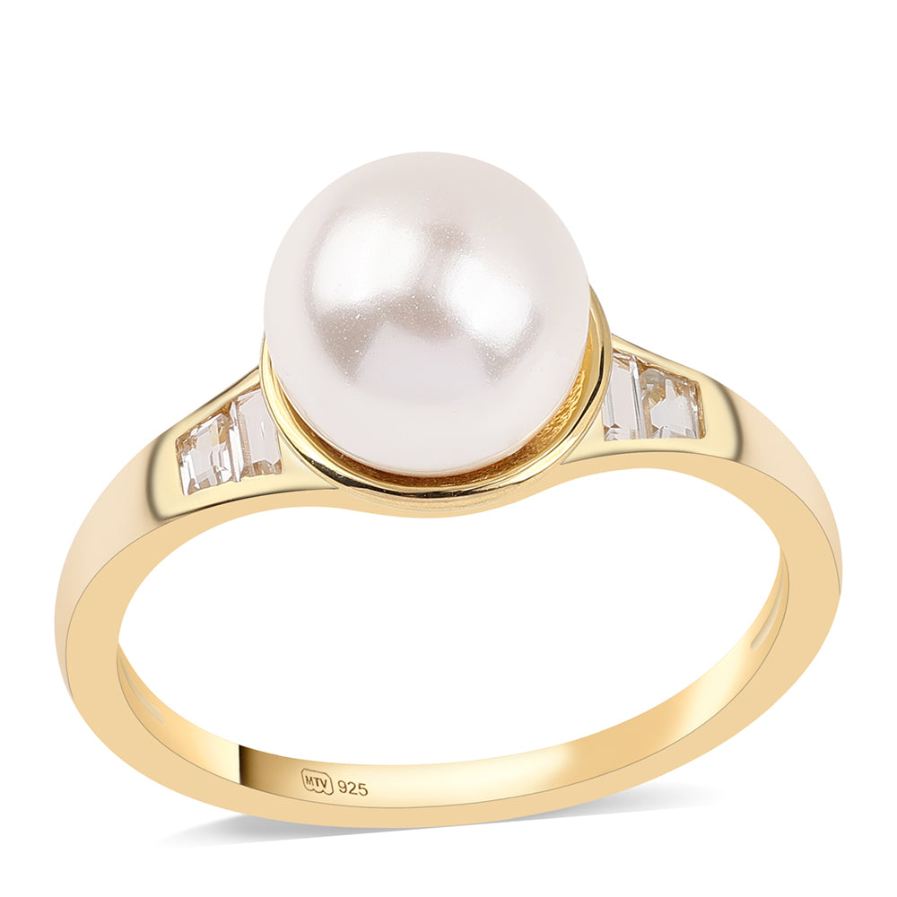 Inel din Argint 925 Placat cu Aur ( 2.21 grame ) cu Perlă de Apă Dulce Albă și Topaz Alb 4.51 Carate 1 