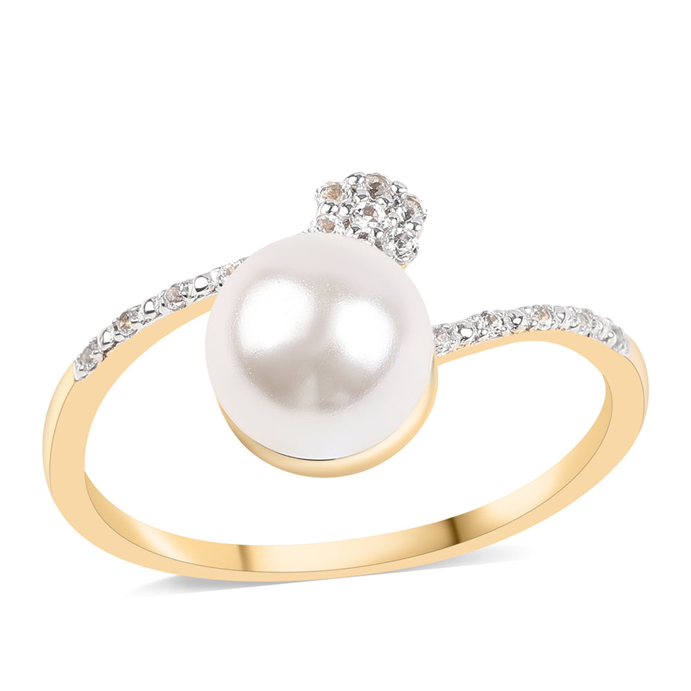 Inel din Argint 925 Placat cu Aur ( 1.64 grame ) cu Perlă de Apă Dulce Albă și Topaz Alb 4.2 Carate 1 