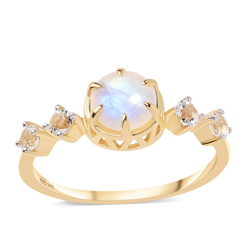 Inel din Argint 925 Placat cu Aur ( 1.87 grame ) cu Piatra Lunii Curcubeu Clasa ”AA” și Topaz Alb 2.7 Carate 1 