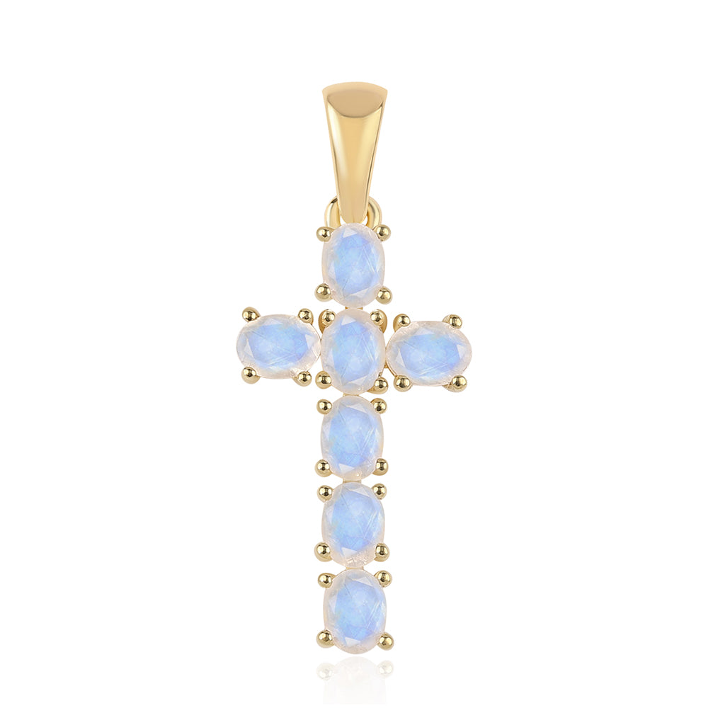 Cruce Pandantiv din Argint 925 Placat cu Aur ( 1.13 grame ) cu Piatra Lunii Curcubeu Clasa ”AA” 1.4 Carate