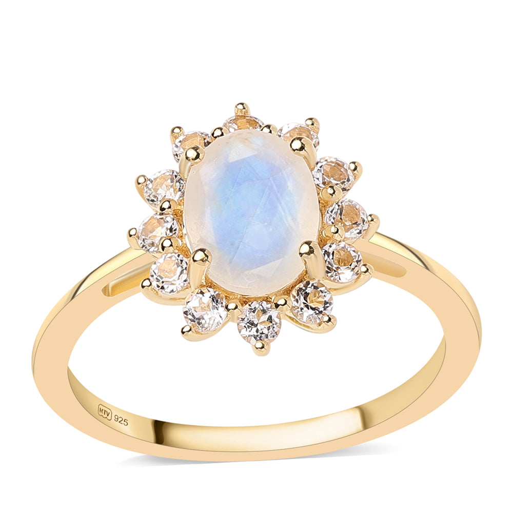 Inel din Argint 925 Placat cu Aur ( 1.85 grame ) cu Piatra Lunii Curcubeu Clasa ”AA” și Topaz Alb 1.32 Carate 1 