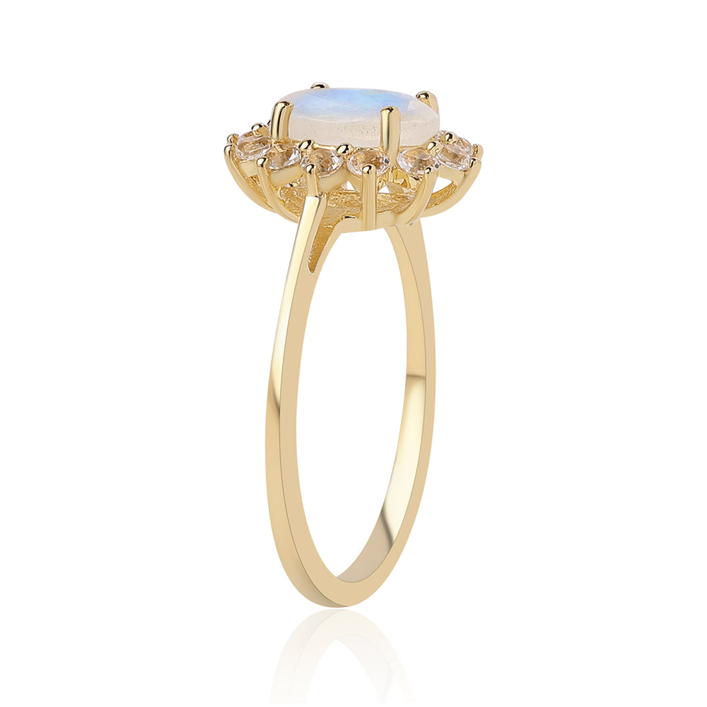 Inel din Argint 925 Placat cu Aur ( 1.85 grame ) cu Piatra Lunii Curcubeu Clasa ”AA” și Topaz Alb 1.32 Carate 3 