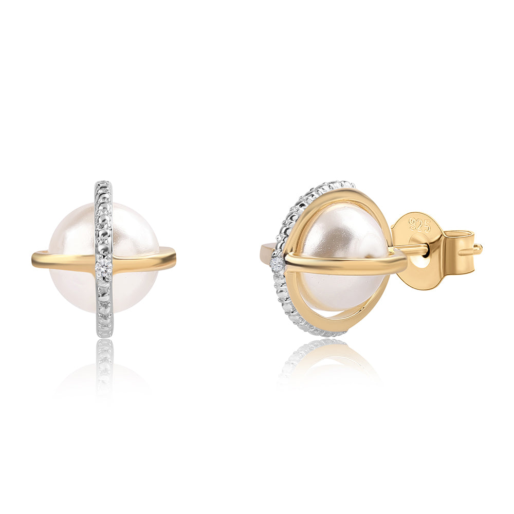 Set din Argint 925 Placat cu Aur ( 5.75 grame ) cu Perlă de Apă Dulce Albă și Topaz Alb 17.1 Carate ( Cercei+Inel+Pandantiv ) 5 