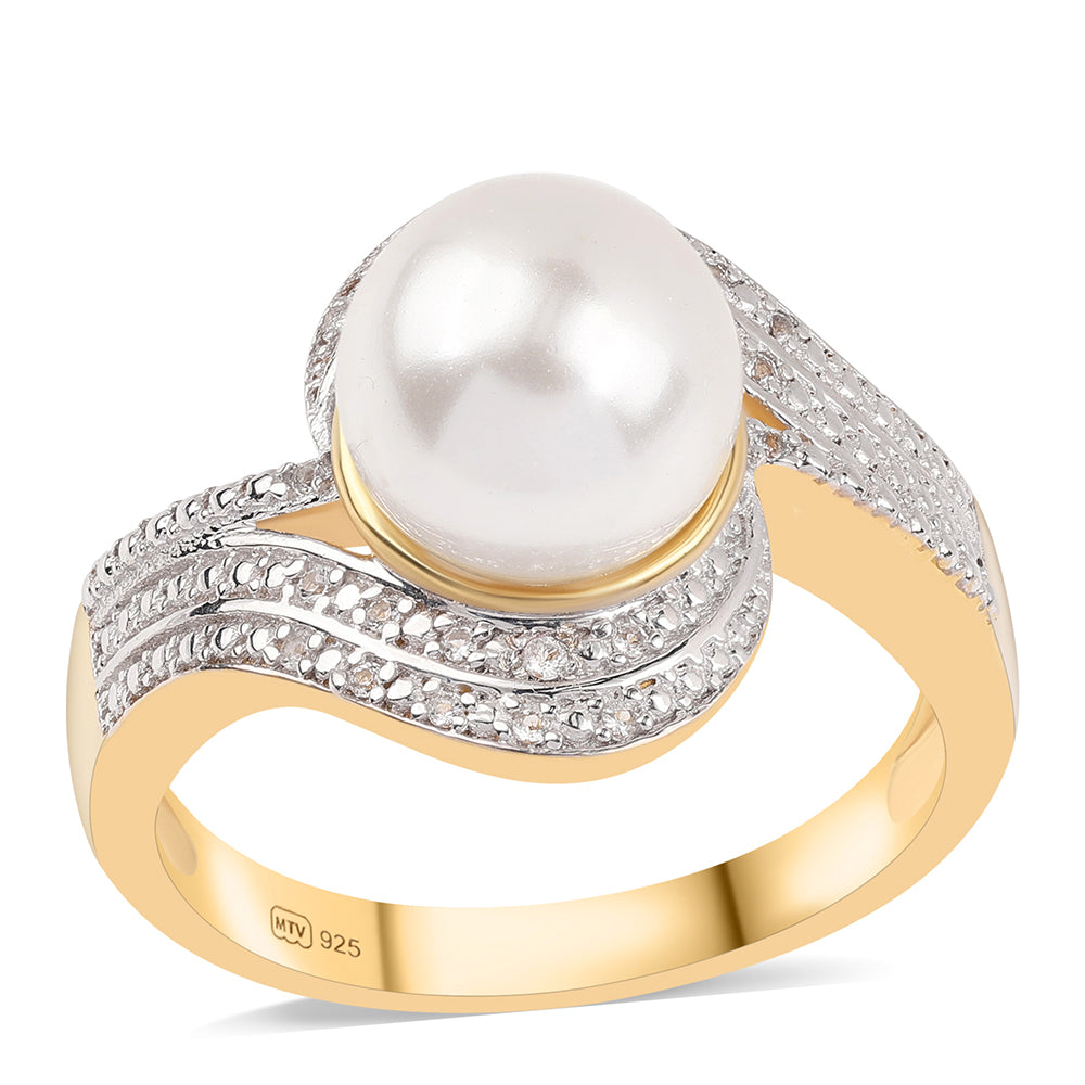 Inel din Argint 925 Placat cu Aur ( 5.42 grame ) cu Perlă de Apă Dulce Albă și Topaz Alb 7.32 Carate 1 
