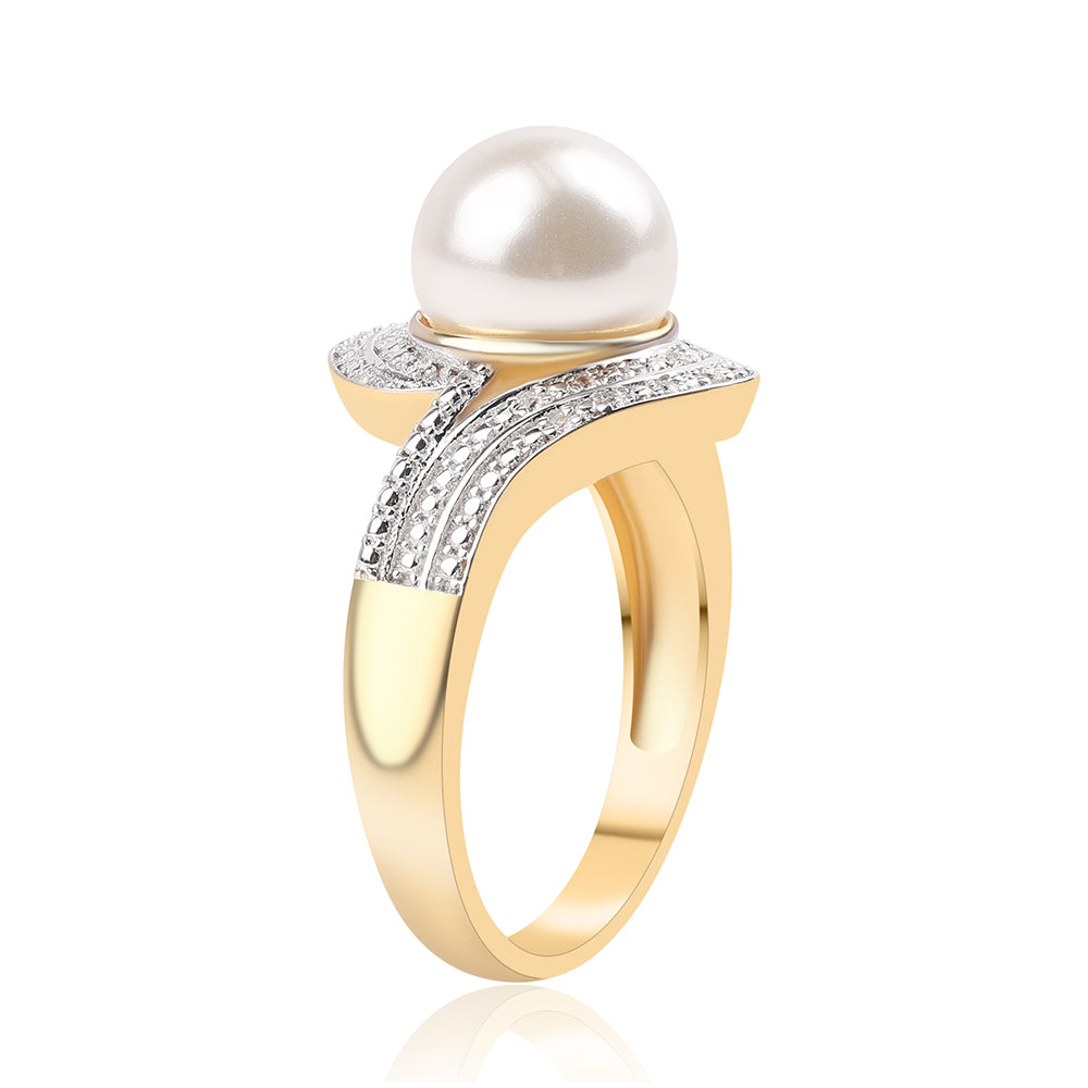 Inel din Argint 925 Placat cu Aur ( 5.42 grame ) cu Perlă de Apă Dulce Albă și Topaz Alb 7.32 Carate 3 