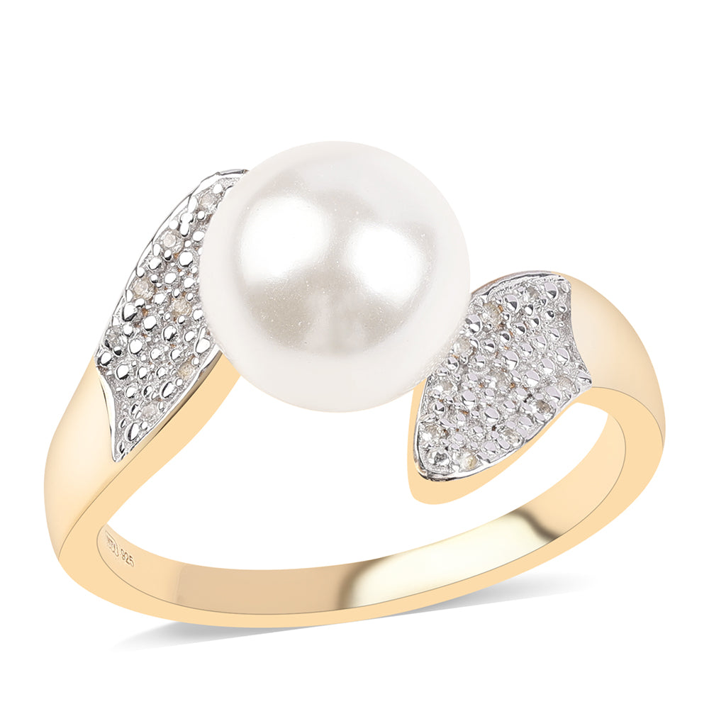 Inel din Argint 925 Placat cu Aur ( 4.2 grame ) cu Perlă de Apă Dulce Albă și Topaz Alb 7.38 Carate 1 