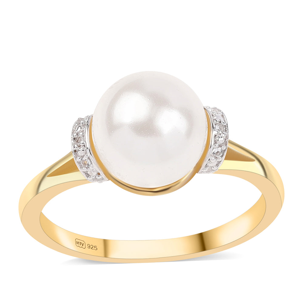 Inel din Argint 925 Placat cu Aur ( 2.62 grame ) cu Perlă de Apă Dulce Albă și Topaz Alb 7.24 Carate 1 