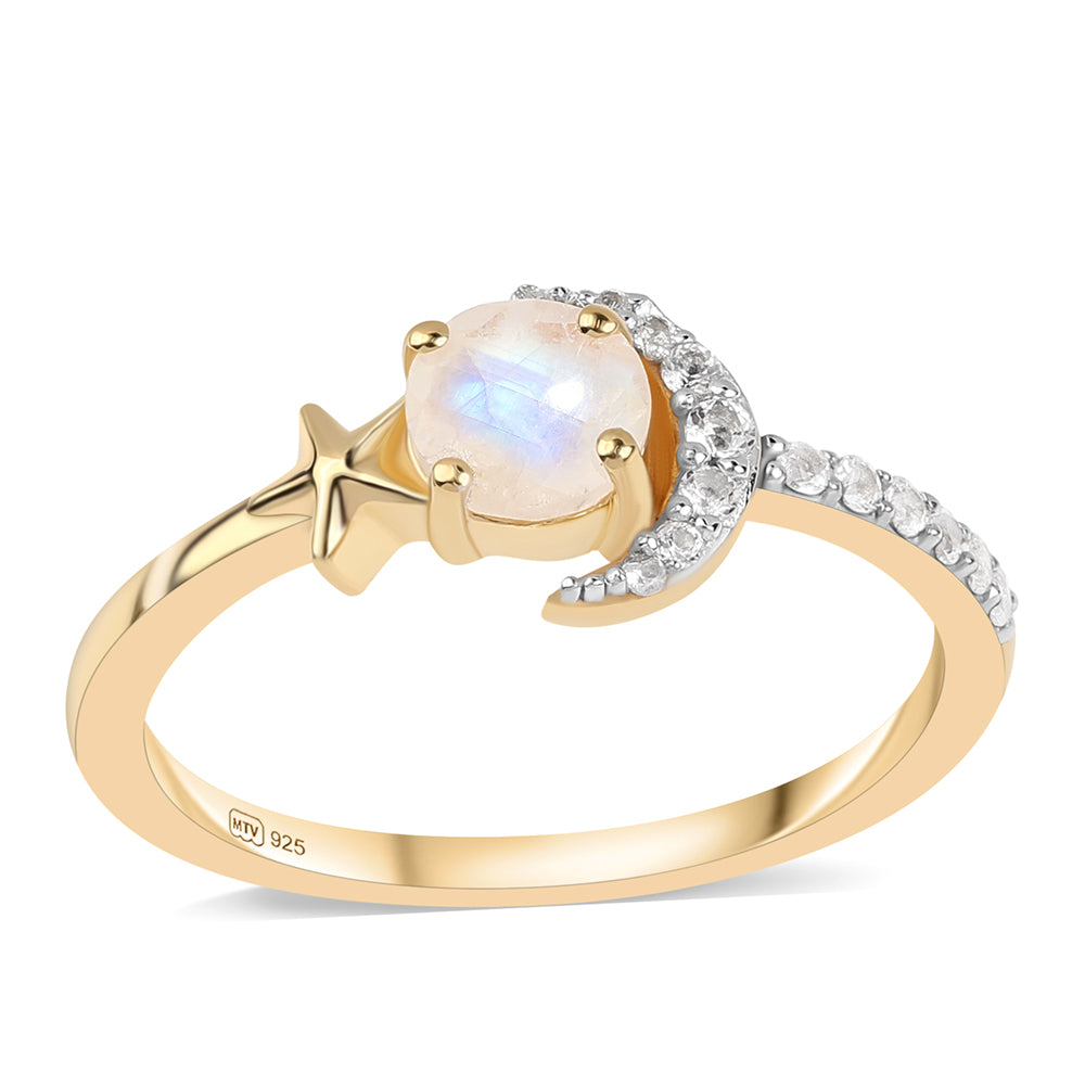 Inel din Argint 925 Placat cu Aur ( 1.7 grame ) cu Piatra Lunii Curcubeu Clasa ”AA” și Topaz Alb 0.83 Carate 1 