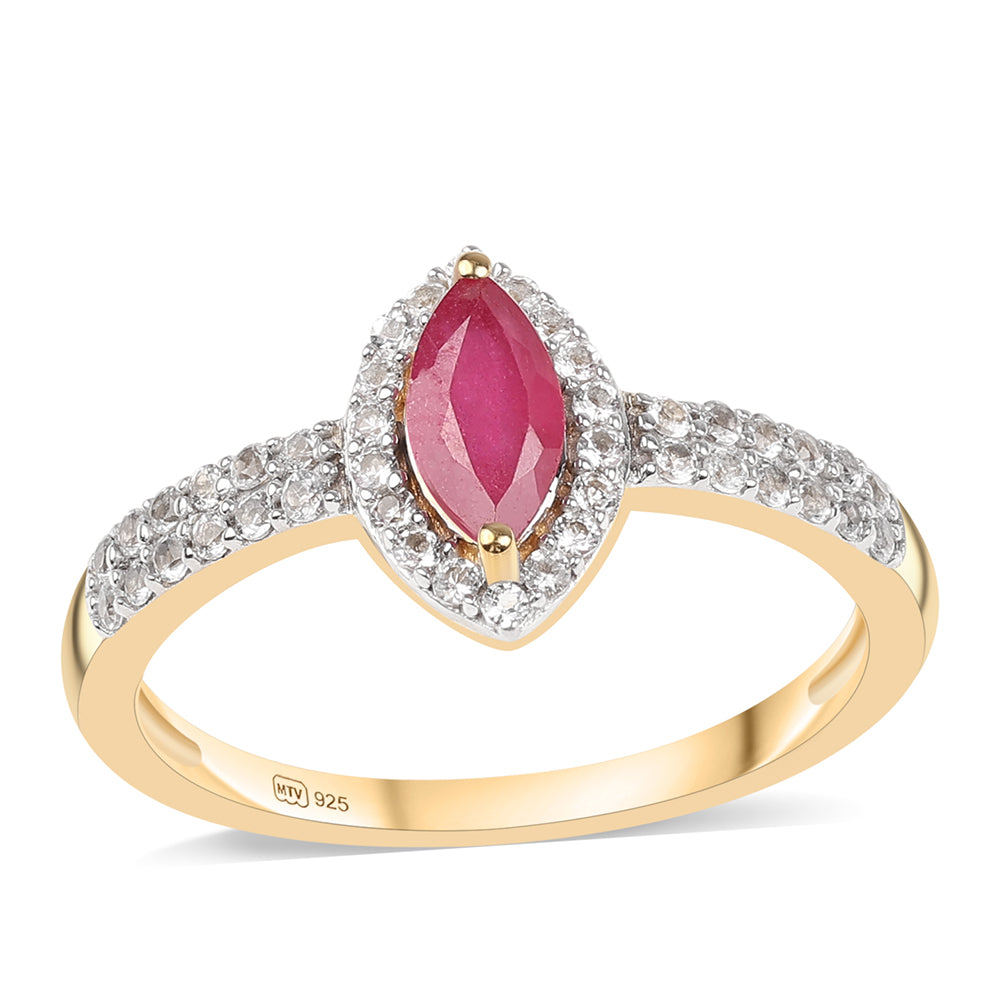 Inel din Argint 925 Placat cu Aur ( 1.86 grame ) cu Rubin Mozambic și Topaz Alb 1.02 Carate