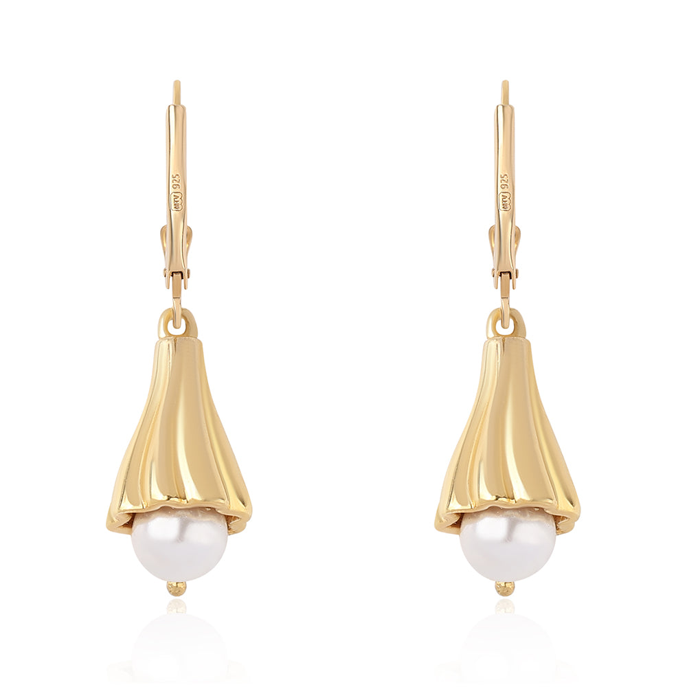 Cercei din Argint 925 Placat cu Aur ( 5.37 grame ) cu Perlă de Apă Dulce Albă 3.87 Carate