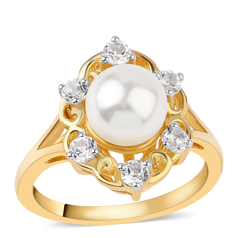 Inel din Argint 925 Placat cu Aur ( 4.58 grame ) cu Perlă de Apă Dulce Albă și Topaz Alb 4.86 Carate 1 