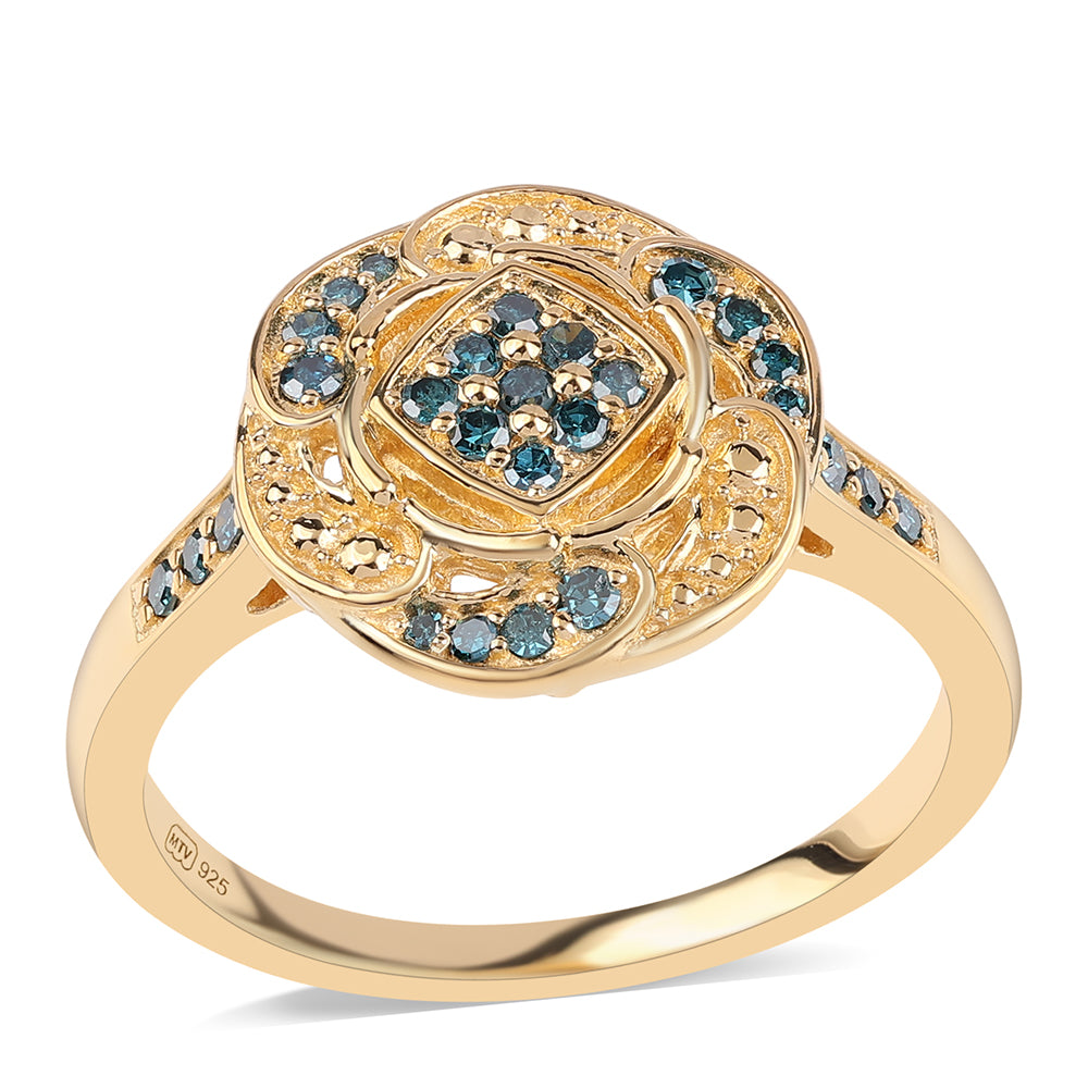 Inel din Argint 925 Placat cu Aur ( 3.86 grame ) cu Diamant Albastru 0.27 Carate 1 