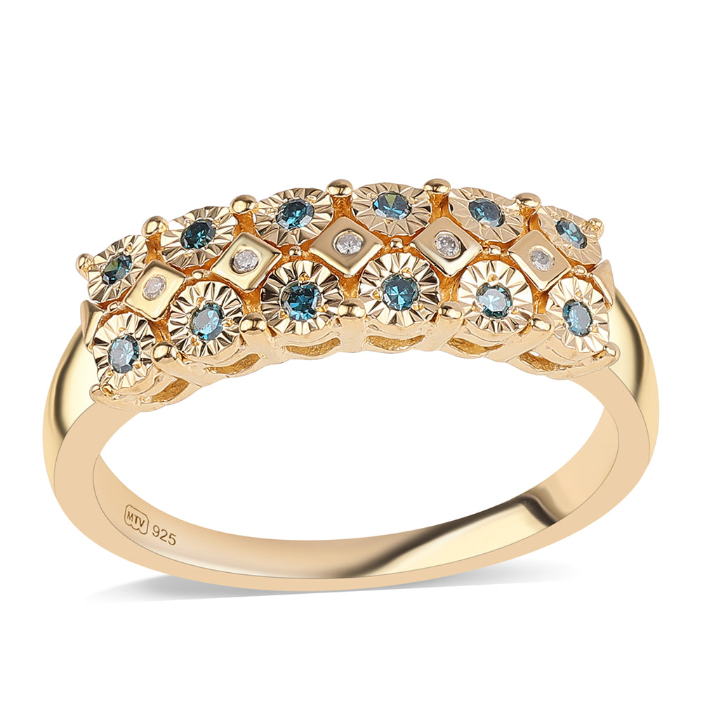 Inel din Argint 925 Placat cu Aur ( 3.71 grame ) cu Diamant Albastru și Diamant Alb 0.12 Carate 1 