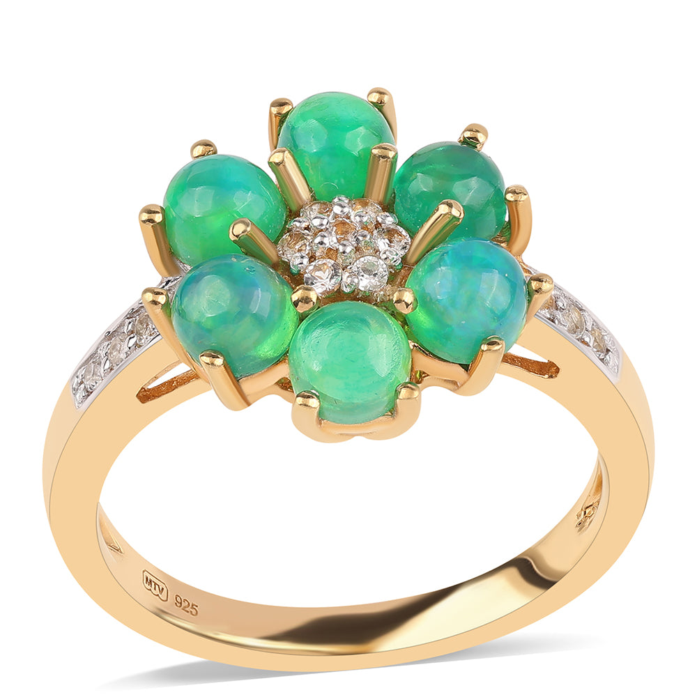 Inel din Argint 925 Placat cu Aur ( 3.12 grame ) cu Opal Verde Etiopian Lega Dembi și Topaz Alb 1.1 Carate