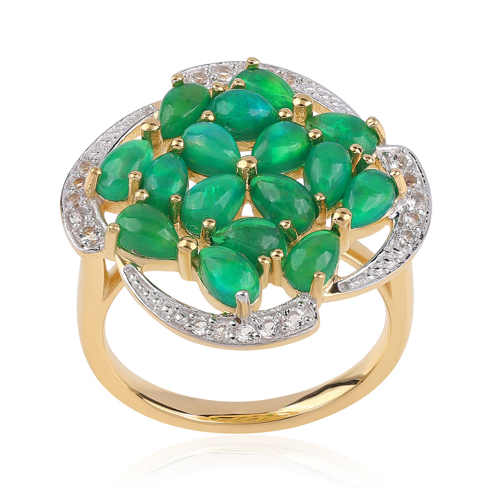 Inel din Argint 925 Placat cu Aur ( 5.12 grame ) cu Opal Verde Etiopian Lega Dembi și Topaz Alb 2.52 Carate