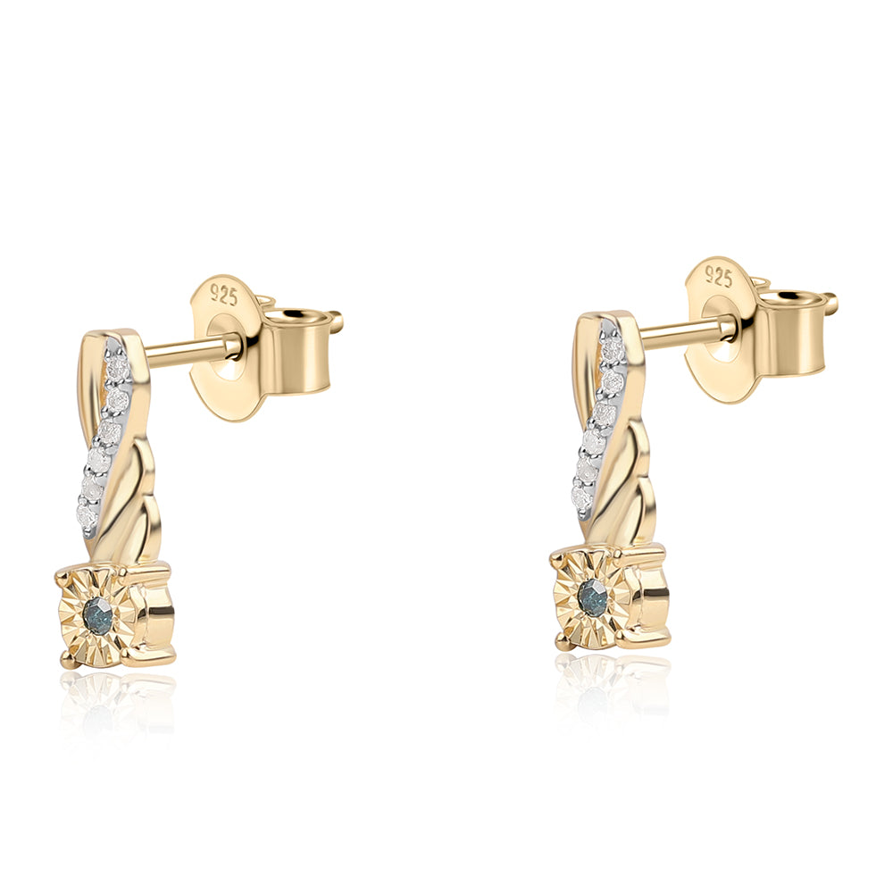 Cercei din Argint 925 Placat cu Aur ( 1.38 grame ) cu Diamant Albastru și Diamant Alb 0.08 Carate 2 