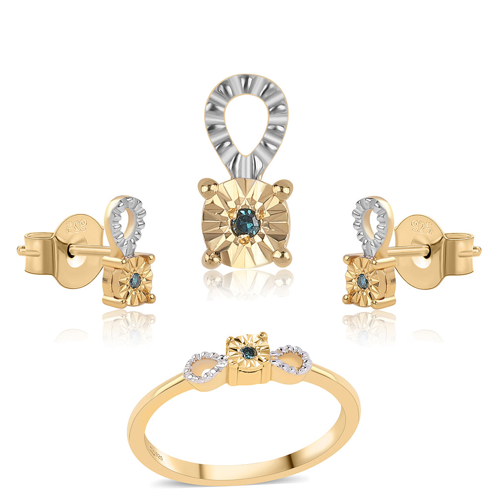 Set din Argint 925 Placat cu Aur ( 2.94 grame ) cu Diamant Albastru 0.02 Carate ( Cercei+Inel+Pandantiv ) 1 