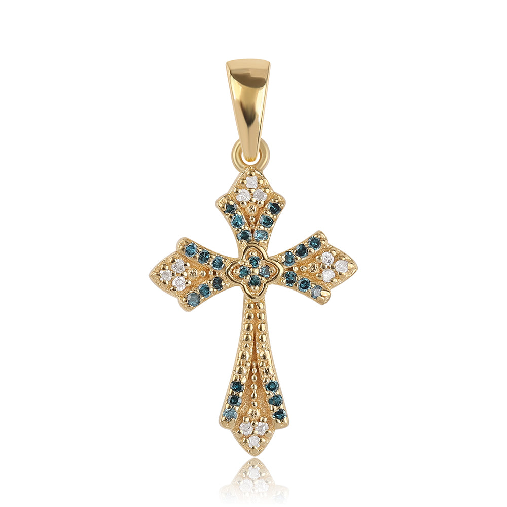 Cruce Pandantiv din Argint 925 Placat cu Aur ( 1.79 grame ) cu Diamant Albastru și Diamant Alb 0.17 Carate 1 