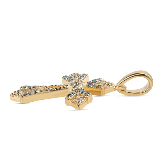 Cruce Pandantiv din Argint 925 Placat cu Aur ( 1.79 grame ) cu Diamant Albastru și Diamant Alb 0.17 Carate