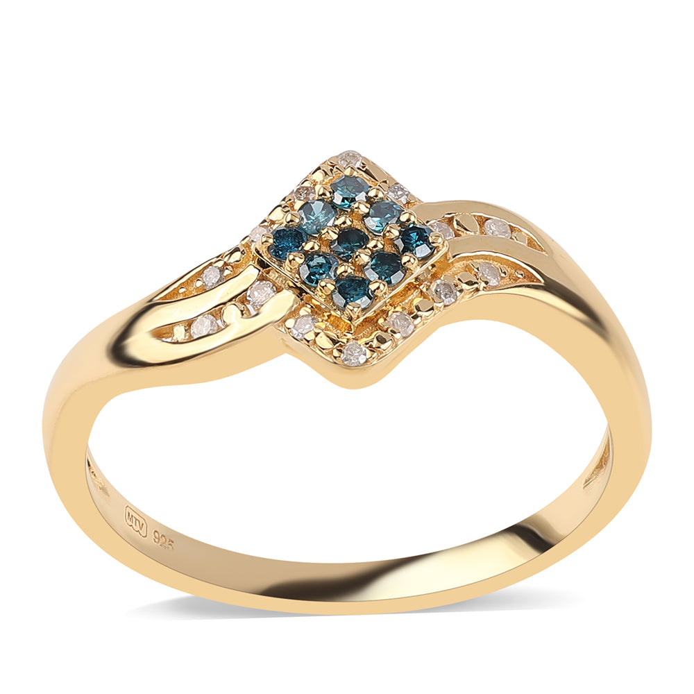 Inel din Argint 925 Placat cu Aur ( 2.16 grame ) cu Diamant Albastru și Diamant Alb 0.18 Carate