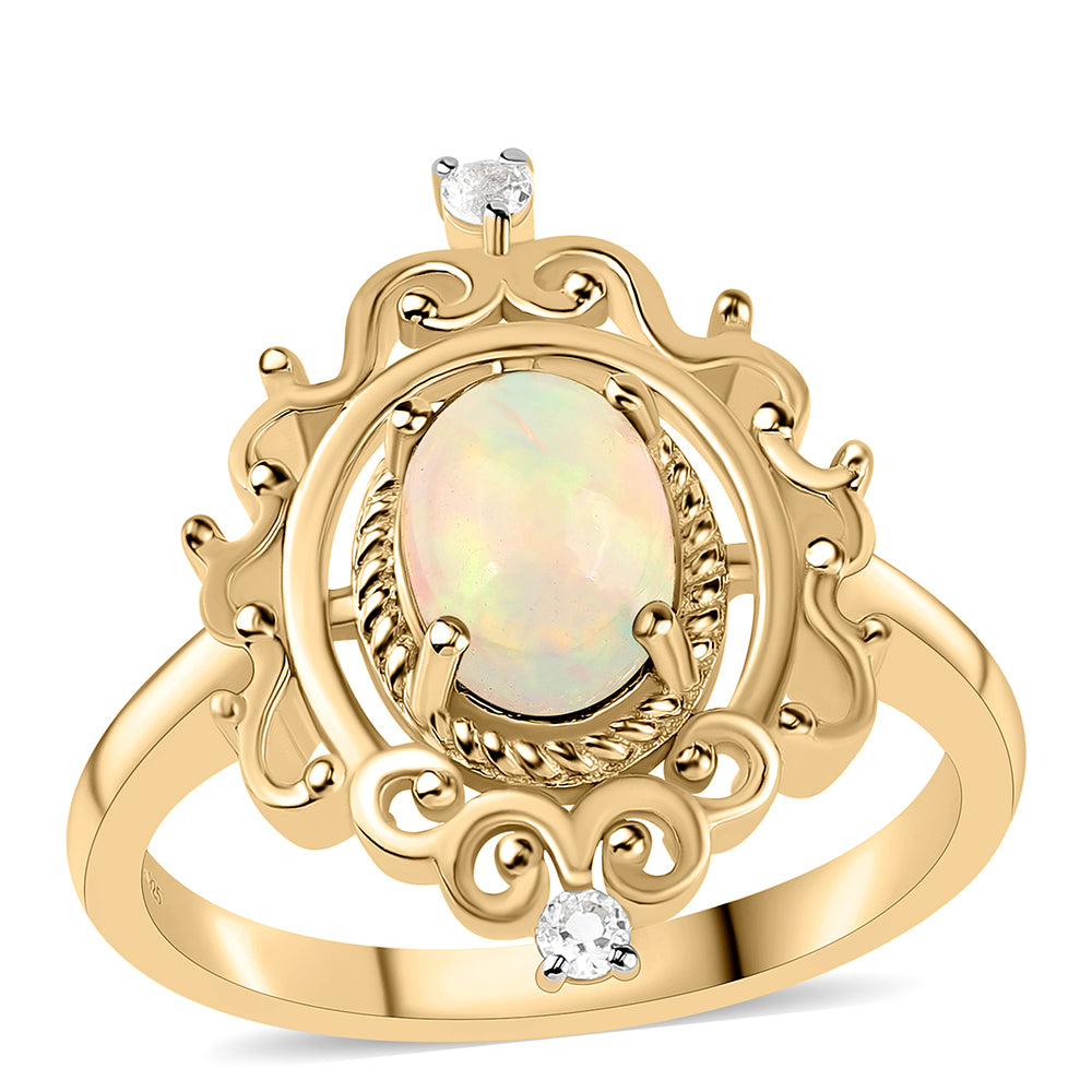 Inel din Argint 925 Placat cu Aur ( 3.73 grame ) cu Opal Etiopian Lega Dembi și Topaz Alb 0.9 Carate 1 