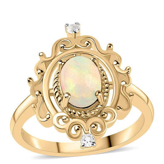 Inel din Argint 925 Placat cu Aur ( 3.73 grame ) cu Opal Etiopian Lega Dembi și Topaz Alb 0.9 Carate