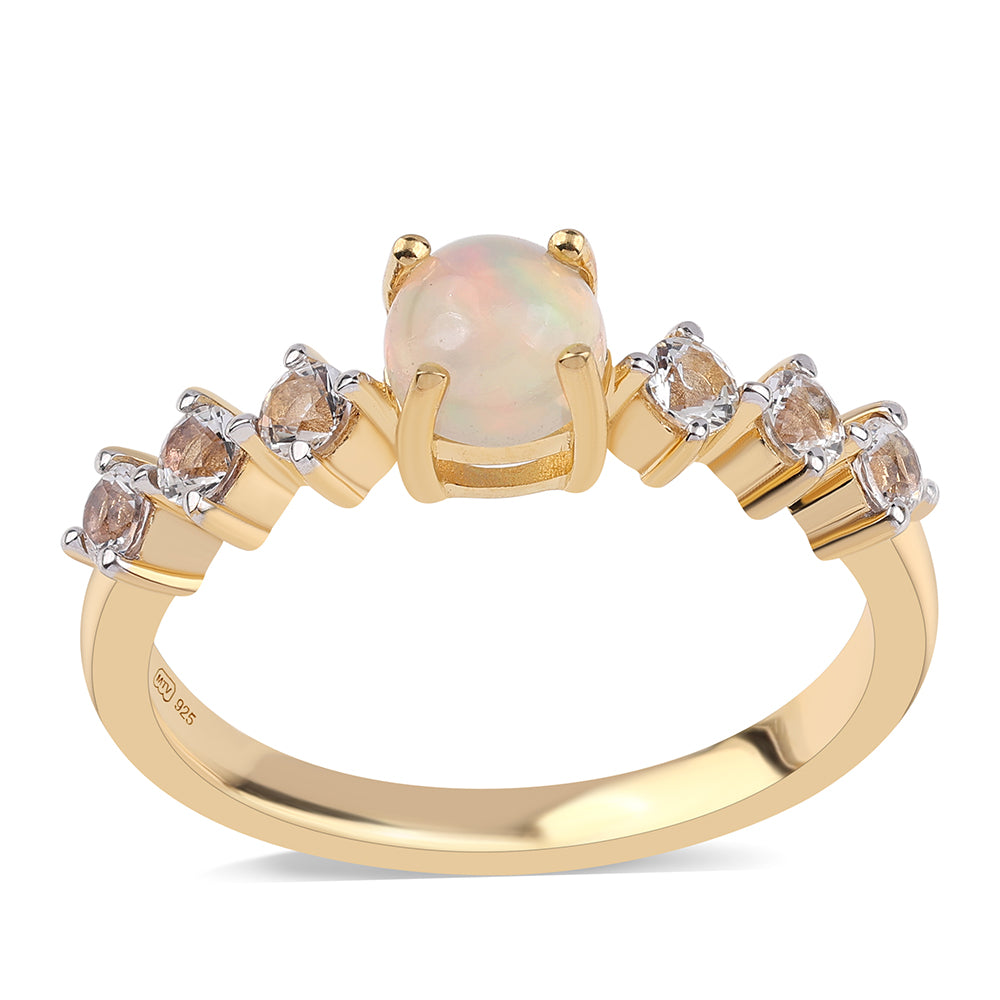 Inel din Argint 925 Placat cu Aur ( 2.08 grame ) cu Opal Etiopian Lega Dembi și Topaz Alb 0.8 Carate 1 