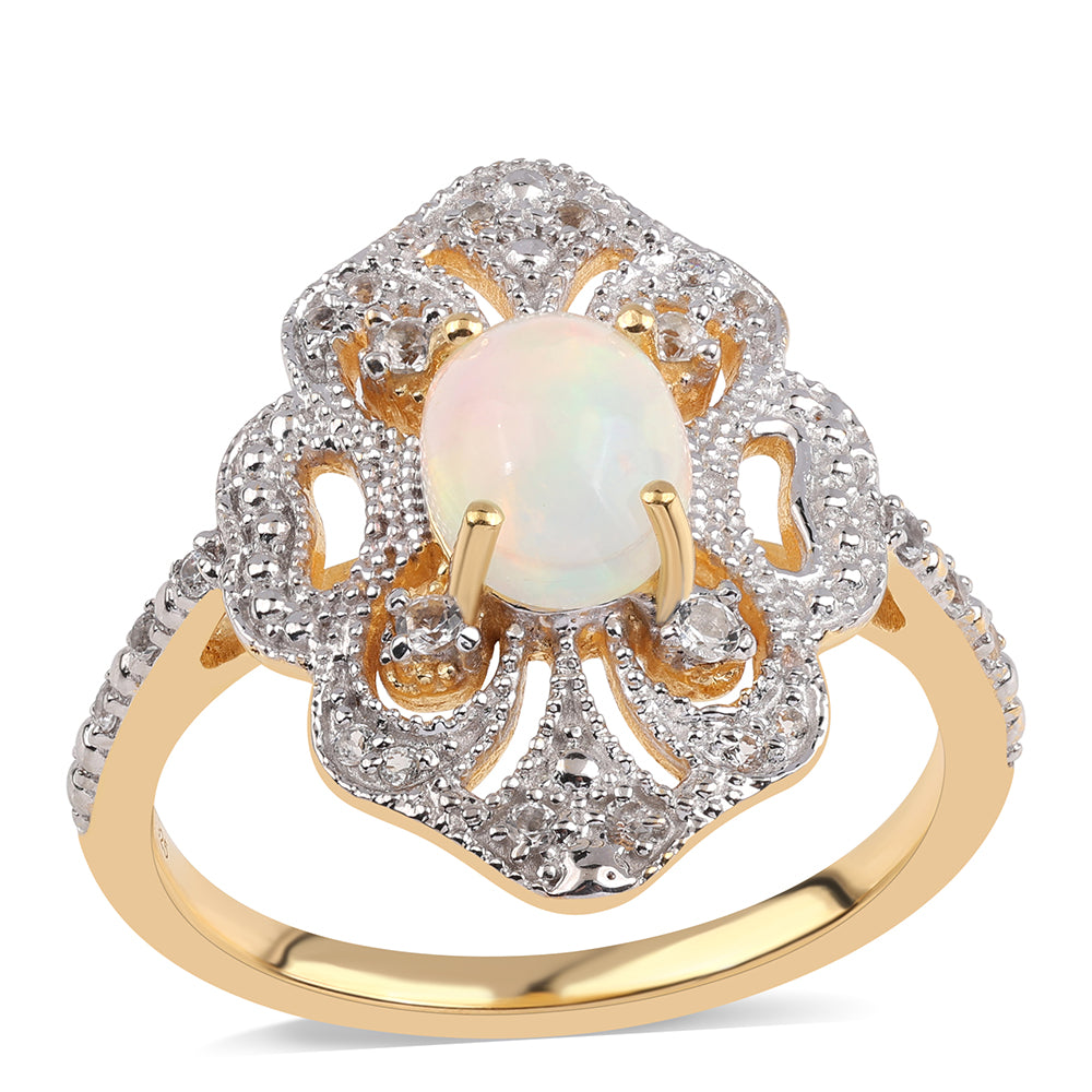 Inel din Argint 925 Placat cu Aur ( 3.69 grame ) cu Opal Etiopian Lega Dembi și Topaz Alb 1 Carate