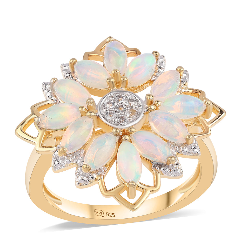 Inel din Argint 925 Placat cu Aur ( 4.21 grame ) cu Opal Etiopian Lega Dembi și Topaz Alb 1.74 Carate 1 