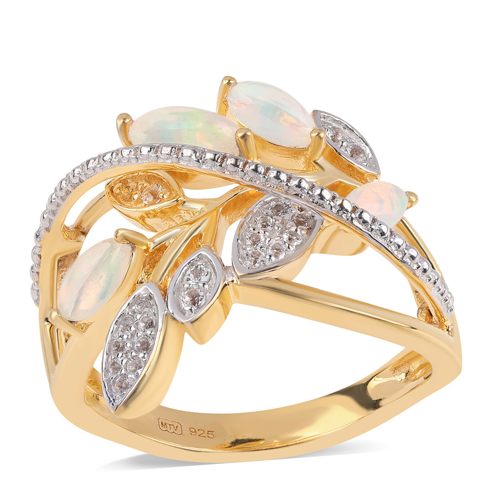 Inel din Argint 925 Placat cu Aur ( 4.4 grame ) cu Opal Etiopian Lega Dembi și Topaz Alb 0.64 Carate 1 