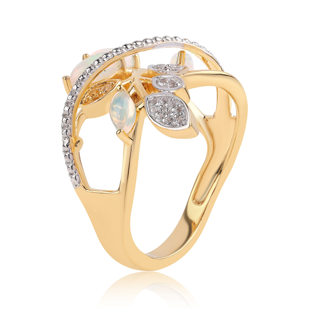 Inel din Argint 925 Placat cu Aur ( 4.4 grame ) cu Opal Etiopian Lega Dembi și Topaz Alb 0.64 Carate 2 
