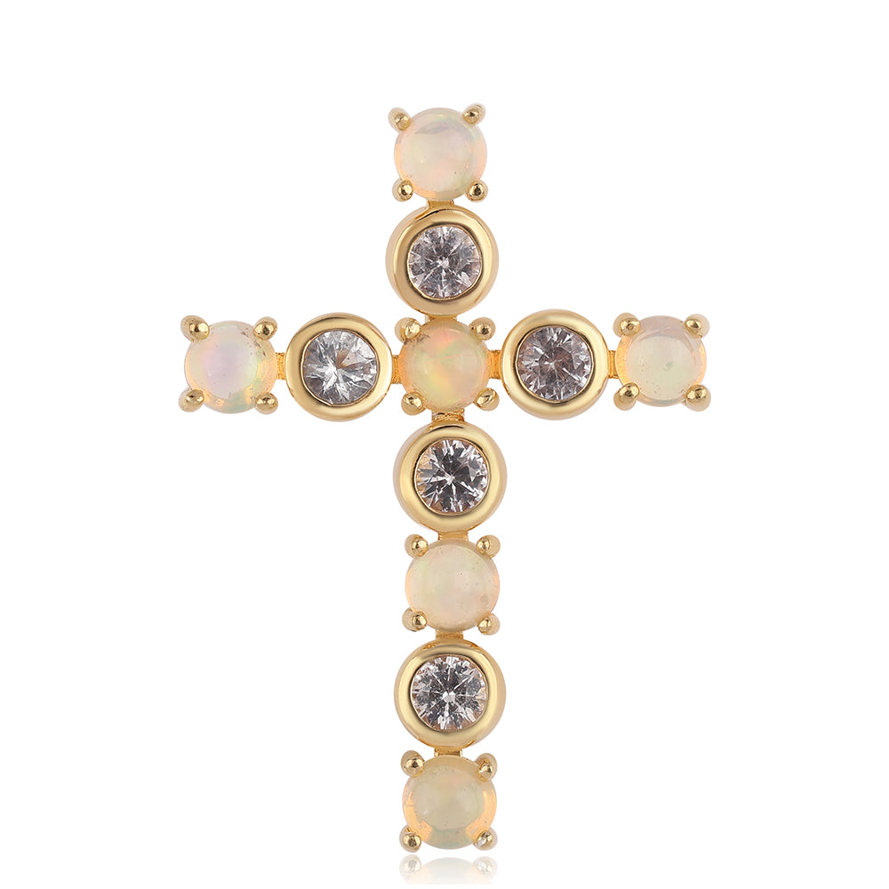 Cruce Pandantiv din Argint 925 Placat cu Aur ( 1.51 grame ) cu Opal Etiopian Lega Dembi și Topaz Alb 1.12 Carate 1 