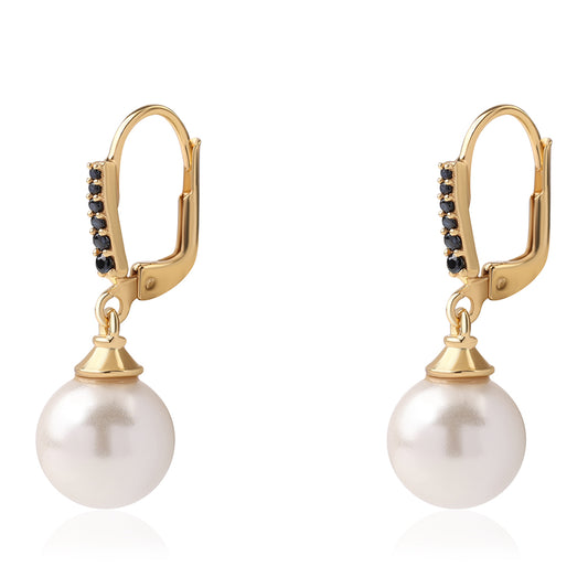 Cercei din Argint 925 Placat cu Aur ( 1.72 grame ) cu Spinel Negru și Perlă de Apă Dulce Albă 15.43 Carate