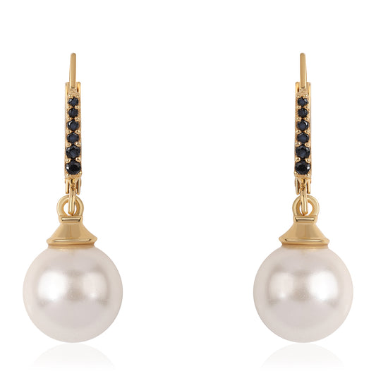 Cercei din Argint 925 Placat cu Aur ( 1.72 grame ) cu Spinel Negru și Perlă de Apă Dulce Albă 15.43 Carate
