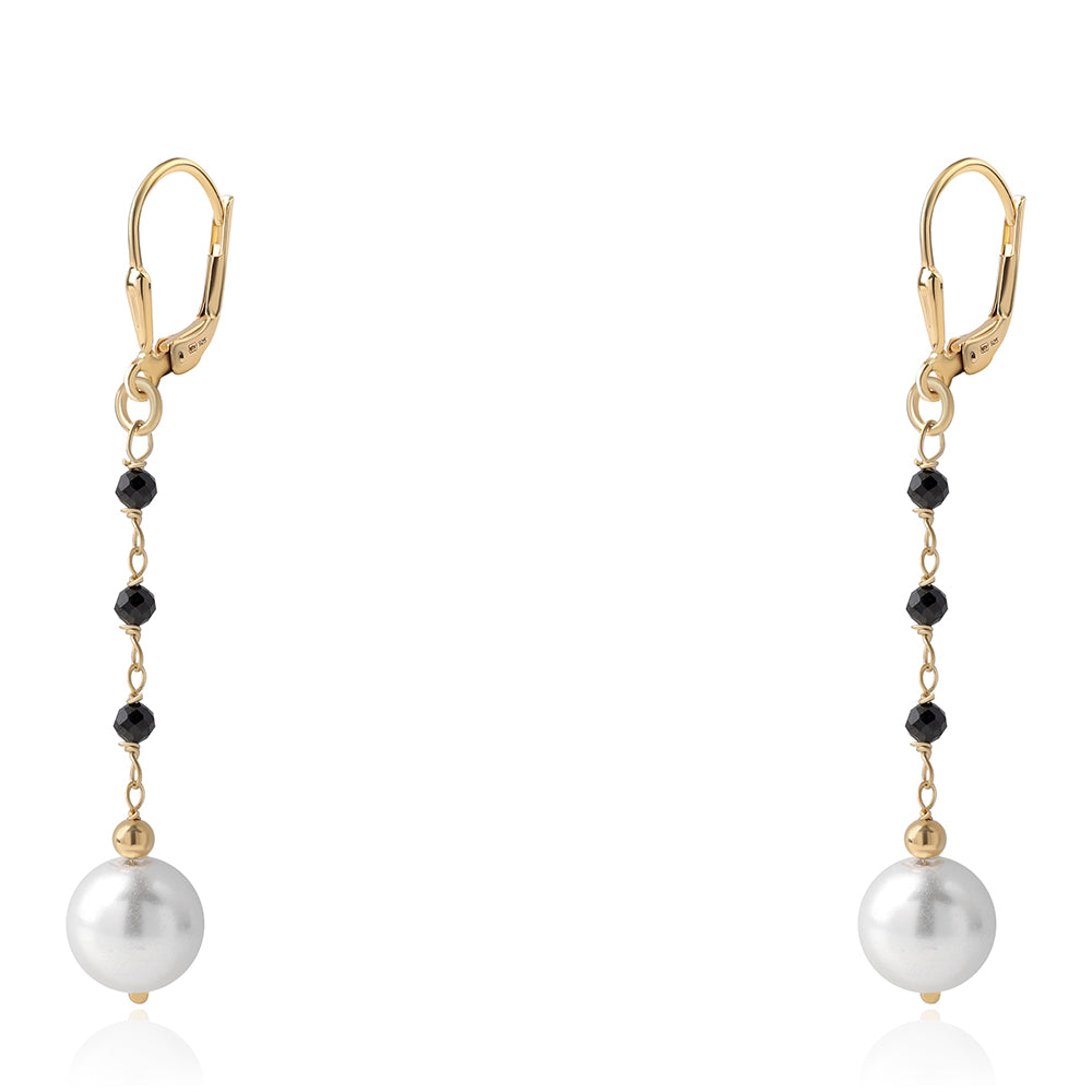 Cercei din Argint 925 Placat cu Aur ( 0.8 grame ) cu Spinel Negru și Perlă de Apă Dulce Albă 14.2 Carate 1 