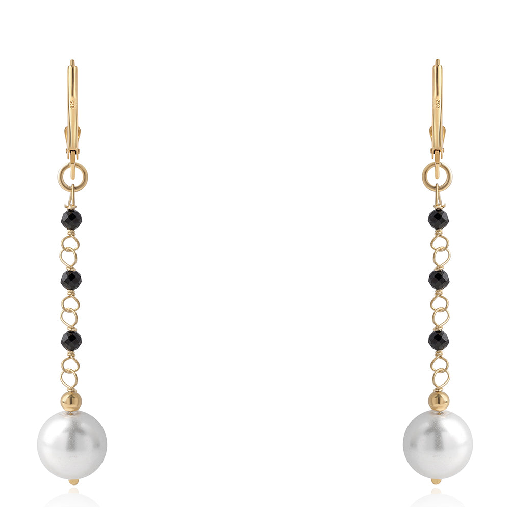 Cercei din Argint 925 Placat cu Aur ( 0.8 grame ) cu Spinel Negru și Perlă de Apă Dulce Albă 14.2 Carate 2 