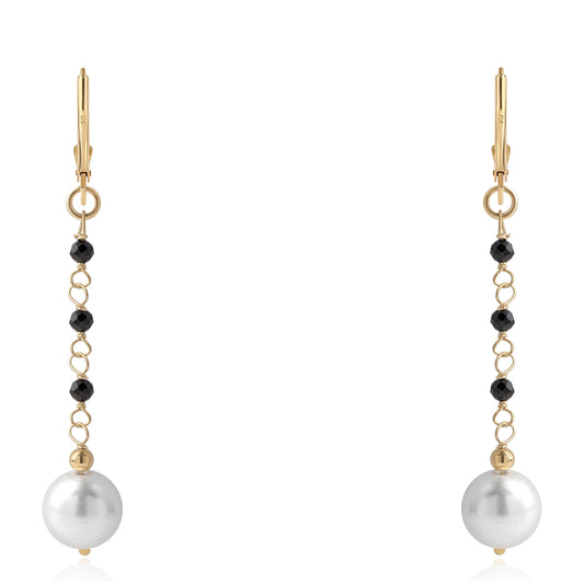 Cercei din Argint 925 Placat cu Aur ( 0.8 grame ) cu Spinel Negru și Perlă de Apă Dulce Albă 14.2 Carate