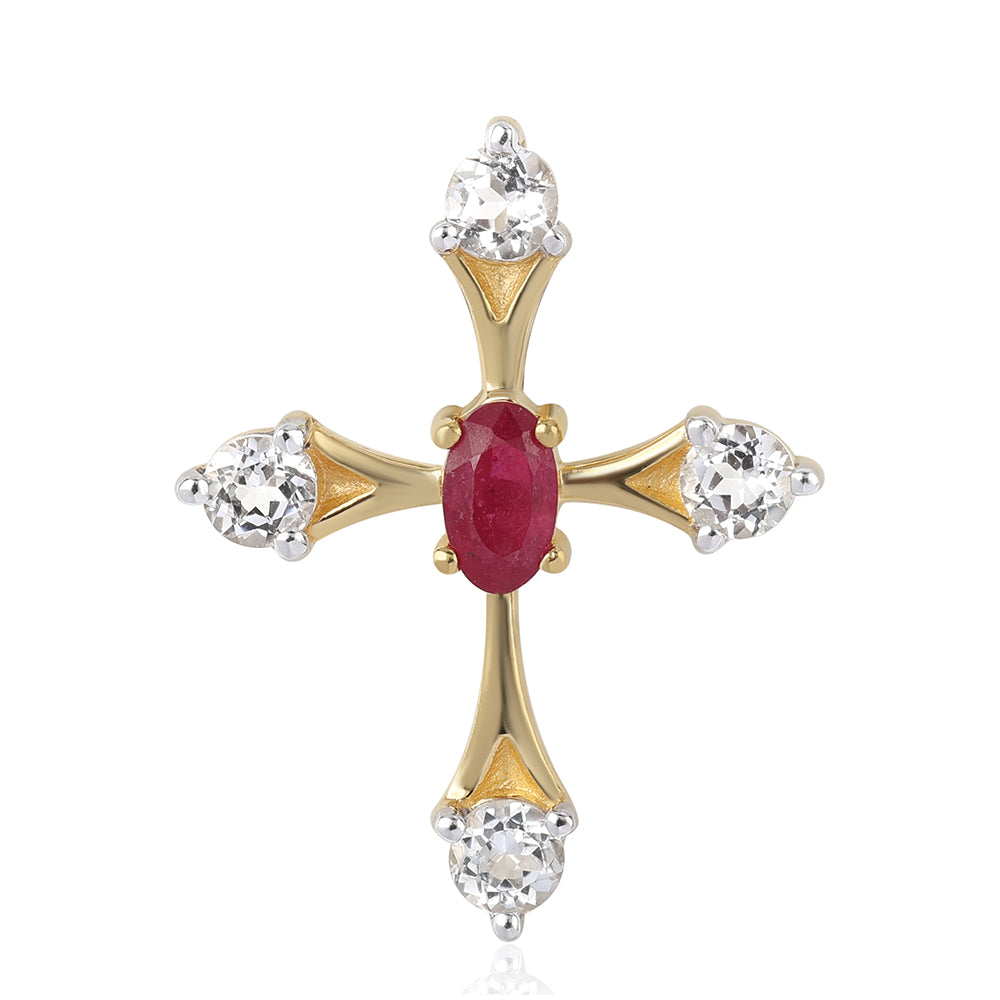 Cruce Pandantiv din Argint 925 Placat cu Aur ( 0.98 grame ) cu Rubin Mozambic și Topaz Alb 0.84 Carate