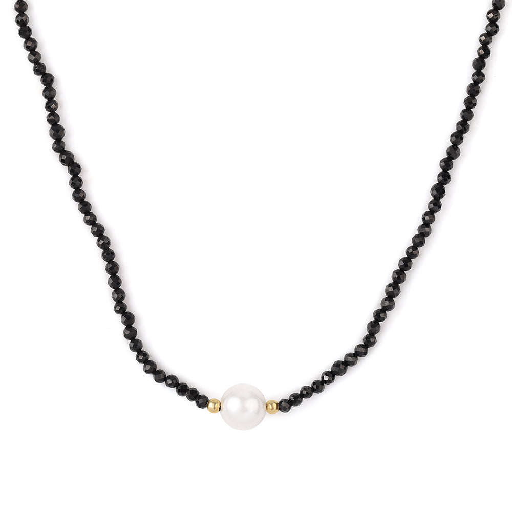 Colier din Argint 925 Placat cu Aur ( 0.94 grame ) cu Spinel Negru și Perlă de Apă Dulce Albă 38.05 Carate