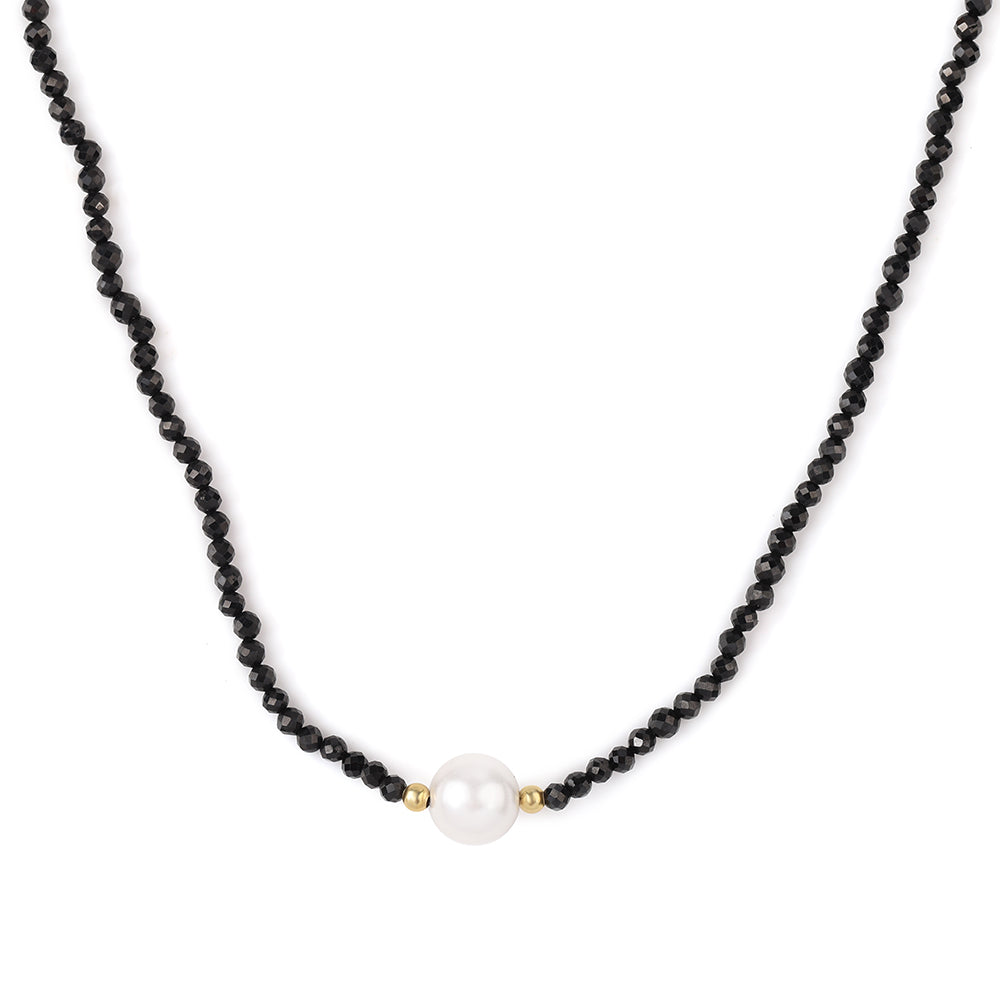 Colier din Argint 925 Placat cu Aur ( 0.94 grame ) cu Spinel Negru și Perlă de Apă Dulce Albă 38.05 Carate 4 