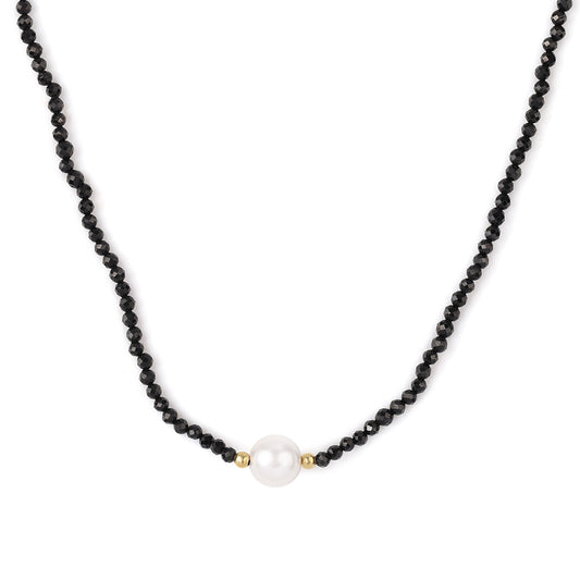 Colier din Argint 925 Placat cu Aur ( 0.94 grame ) cu Spinel Negru și Perlă de Apă Dulce Albă 38.05 Carate