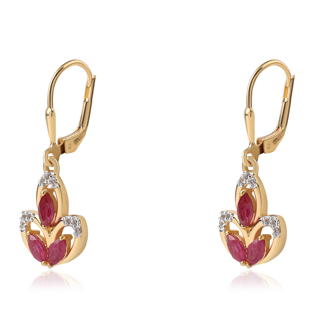 Cercei din Argint 925 Placat cu Aur ( 3.1 grame ) cu Rubin Mozambic și Topaz Alb 1.56 Carate