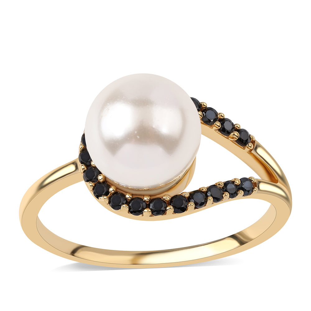 Inel din Argint 925 Placat cu Aur ( 2.92 grame ) cu Spinel Negru și Perlă de Apă Dulce Albă 6.26 Carate