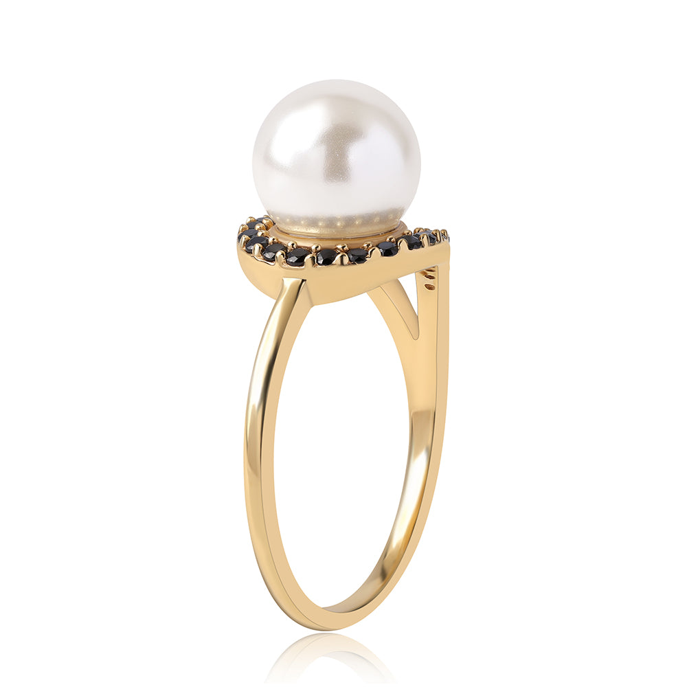 Inel din Argint 925 Placat cu Aur ( 2.92 grame ) cu Spinel Negru și Perlă de Apă Dulce Albă 6.26 Carate