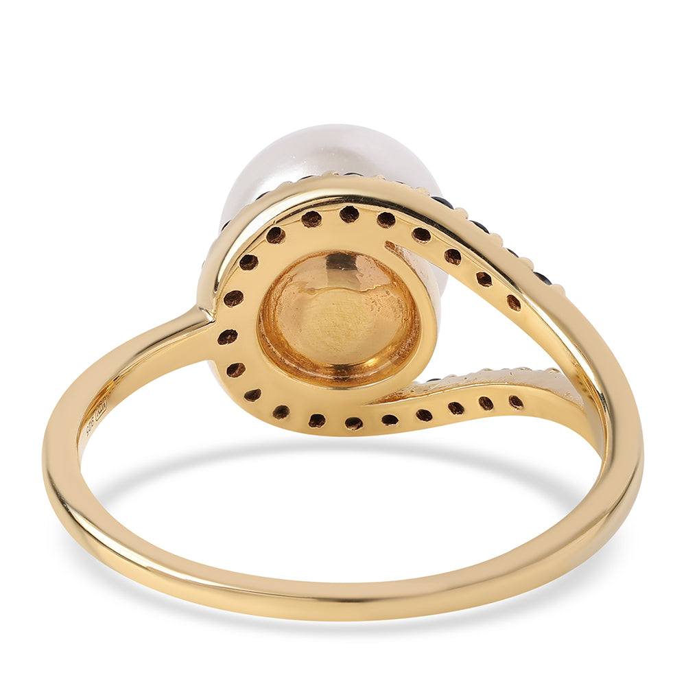 Inel din Argint 925 Placat cu Aur ( 2.92 grame ) cu Spinel Negru și Perlă de Apă Dulce Albă 6.26 Carate